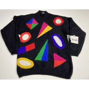 Vintage Milagro Womens M Blue Pink Black Angora Lambswool Abstract Sweater‎ New